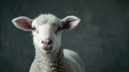 Naklejka premium White lamb isolated on dark surface with room for text Close up of young sheep staring at lens