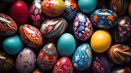 A vibrant and colorful background of Easter eggs. The eggs are all different colors and are decorated with intricate patterns.