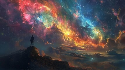 A lone figure stands on a rocky outcrop, silhouetted against a breathtaking night sky filled with glowing nebulae and countless stars.