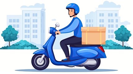 Delivery man riding scooter in the city. Fast and free shipping. Home delivery service. Online shopping. Vector illustration.