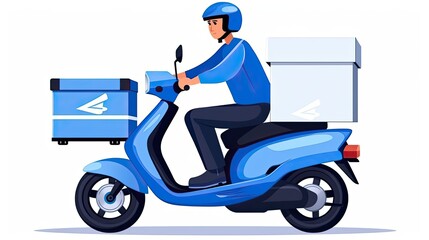 Delivery man riding a scooter. The delivery man is wearing a blue uniform and a helmet. He is carrying a package on the back of his scooter.
