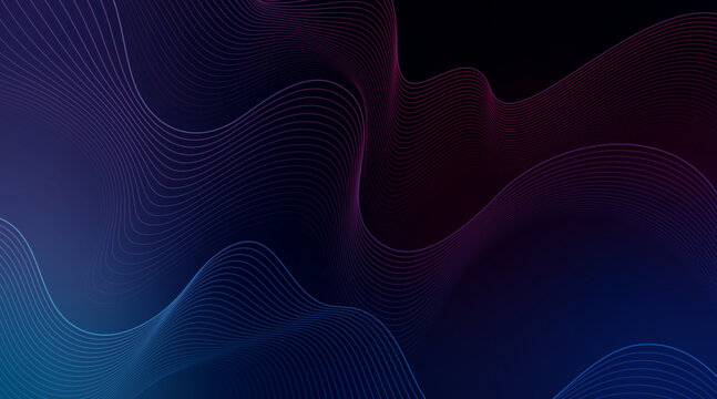 Dark abstract background with geometric flowing retro neon line pattern