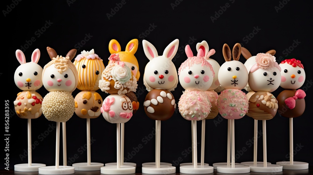 Wall mural Ten colorful and adorable cake pops, decorated with various animal faces. The cake pops are arranged in a row against a black background. - Wall murals