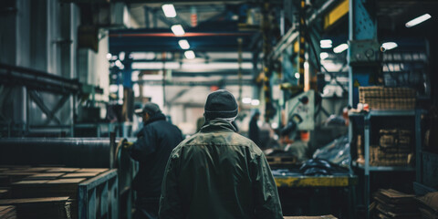 Fototapeta premium Rear view of workers in a busy industrial factory