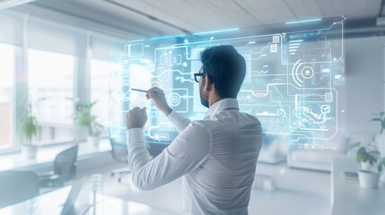 Digital Marketing Expert Crafting Customer Journey Map in Modern Office Setting with Holographic Display and Touch Panels