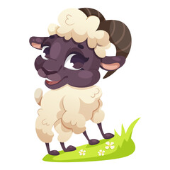 Cute sheep standing on grass with flowers, cartoon style, white background. Concept of farm animals. Vector illustration