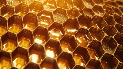 A honeycomb hexagonal pattern filled with golden honey a summer arrangement of sticky honey from a bee colony in the rural countryside