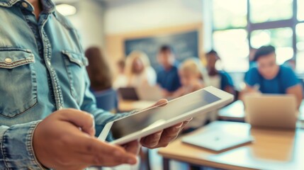 A teacher using a tablet in a modern classroom with students blurred in the background, focusing on digital learning and technology integration in education.