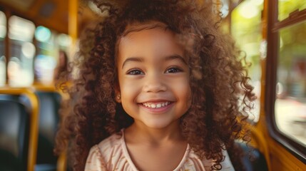A cheerful young girl with curly hair, sitting on a sunny school bus. The image captures the joy and excitement of going to school, with sunlight streaming through the windows.
