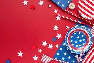 Mockup photo of a table set with patriotic-themed decorations, isolated on a red background
