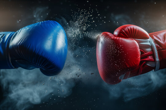 Red and blue boxing gloves in a fight surrounded by dust after a punch