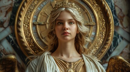 A young woman with blonde hair and a golden crown looks directly at the viewer. She is standing in front of a large ornate clock face.