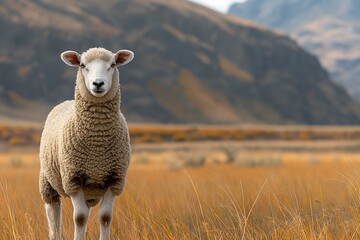Fototapeta premium A serene sheep gazes at the viewer, standing in golden grass with soft, rolling hills in the background