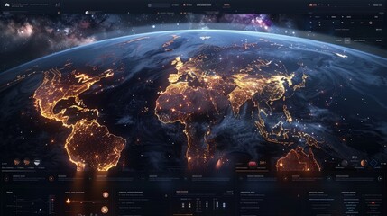 A digital illustration of Earth at night, showcasing glowing city lights across continents. The image includes a futuristic data interface, highlighting global connectivity and technology.