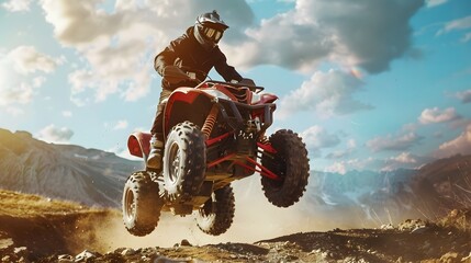person drive atv vehicle on offroad track, extreme sport activities theme, with mountain views,...
