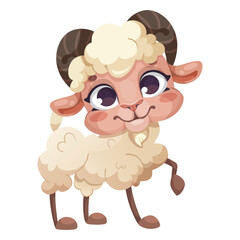 Cute cartoon sheep with big eyes and curly wool on a white background. Vector illustration
