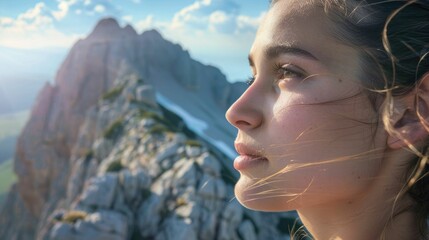 A happy woman smiles in a closeup with a beautiful mountain landscape in the background. She enjoys leisure and recreation while traveling in the natural landscape AIG50