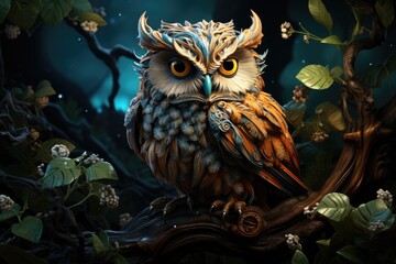 Night owl in branch under the moon., generative IA