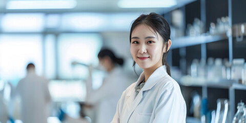 Fototapeta premium woman scientist, wearing white coat, fellow scientists in a laboratory wearing white coats on blurred background, Generative Ai 
