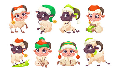 Cute cartoon sheep wearing colorful winter hats, white background. Vector illustration