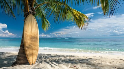 Surfboard: A surfboard leans against a palm tree, overlooking a pristine sandy beach and crystal-clear waves, in a tropical paradise where the sun always shines and the surf is always up