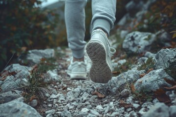 close up of legs in light sneakers, sports shoes. Climb uphill, walk on rocks. Journey,