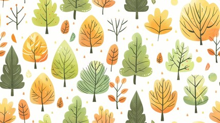 Obraz premium Illustration of various tree designs in autumn colors, forming a seamless pattern on a light background. Ideal for seasonal and nature-themed designs.