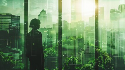 Fototapeta premium Visionary Business Leader Envisions Sustainable City of Tomorrow EcoFriendly Skyscrapers and Green Urban Design Inspire Innovation and Progress