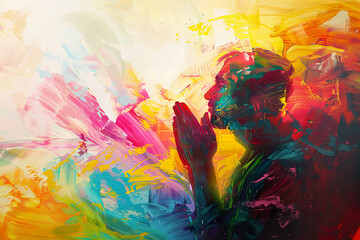 A man is praying in a painting with a lot of colors