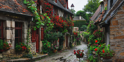 Obraz premium A picturesque street in gerberoy, oise, france, adorned with flowers on a cloudy day