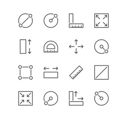 Set of measure related icons, resize, radius, depth, area, diameter and linear variety vectors.
