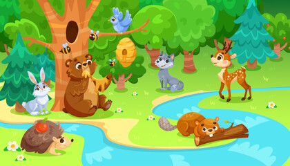 Naklejka premium Cartoon animals in the forest with trees, stream, and beehive, colorful illustration, nature scenery, wildlife concept. Vector illustration