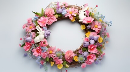 This is a beautiful floral wreath with a variety of flowers in shades of pink, purple, and yellow.