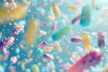 Fototapeta premium A colorful image of bacteria and pills flying through the air