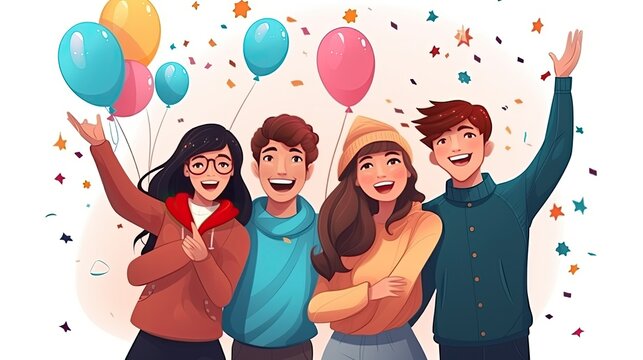Four cheerful friends celebrating a special occasion with colorful balloons and confetti.