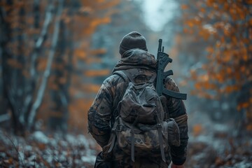 Fototapeta premium A soldier in camouflage gear traversing a misty, woodland area during fall or winter