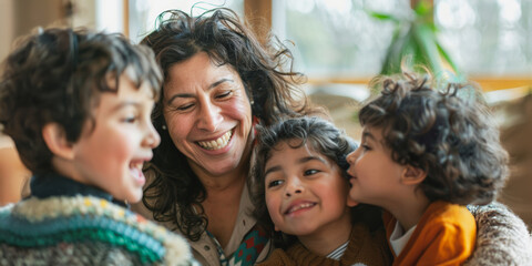 Fototapeta premium Happy hispanic mother laughing with her children indoors