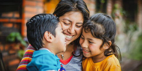 Fototapeta premium Happy hispanic mother sharing a laugh with her children outdoors