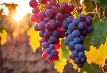 Vine grapes on tree at sunset