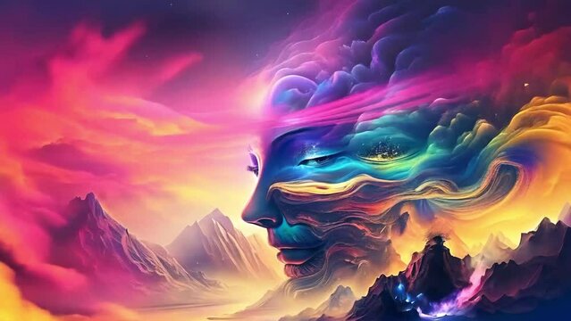 surreal desert lanscape with fantasy jihn god head animation - 4k new stock video footage