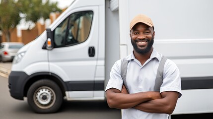 A delivery man standing in front of his van, smiling at the camera. He is wearing a cap and a uniform.