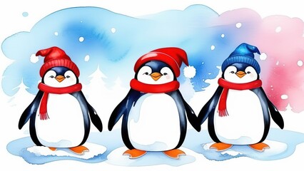 Fototapeta premium Cute watercolor penguins in red hats. A funny card with penguins for Christmas or New Year.