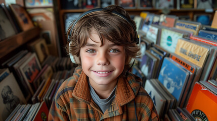 Portrait of a young boy listening music with headset in a vintage vinyl records shop. 