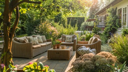 Obraz premium A charming, serene garden patio featuring cozy outdoor furniture, accent pillows, and a relaxing setting. 