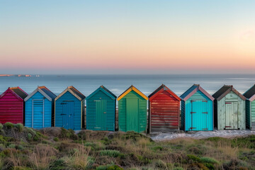 A Serene Sunset View over Colorful Beach Huts by the Seashore, Capturing the Tranquil Beauty of a Seaside Landscape with Vividly Painted Cabins Against a Calming Sky