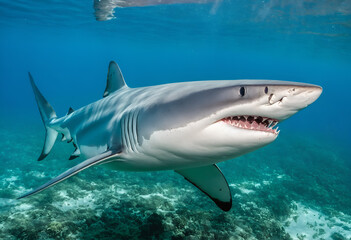 Fototapeta premium Great white shark in deep blue water.