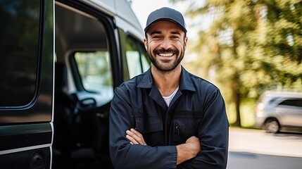 Happy smiling delivery man standing with arms crossed in front of his van, ready to deliver packages.