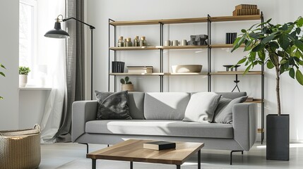 Comfortable grey furniture paired with a wooden shelving unit and a black lamp in a bright living room. 