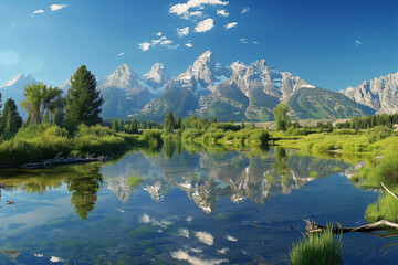 Fototapeta premium A Panoramic Landscape Depicting the Majestic Tetons Reflected in a Tranquil River, Surrounded by Lush Greenery Under a Clear Blue Sky