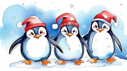 Fototapeta premium Cute watercolor penguins in red hats. A funny card with penguins for Christmas or New Year.